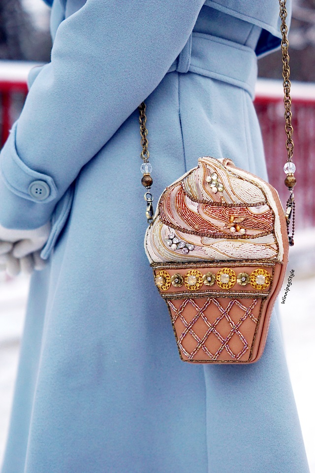 Winnipeg Style Fashion stylist, canadian blogger, Chicwish baby blue Mary Poppins inspired vintage style coat, Flared belted wool blend dress fall winter coat, outerwear, Mary Frances Ice cream beaded scoop bag handbag clutch
